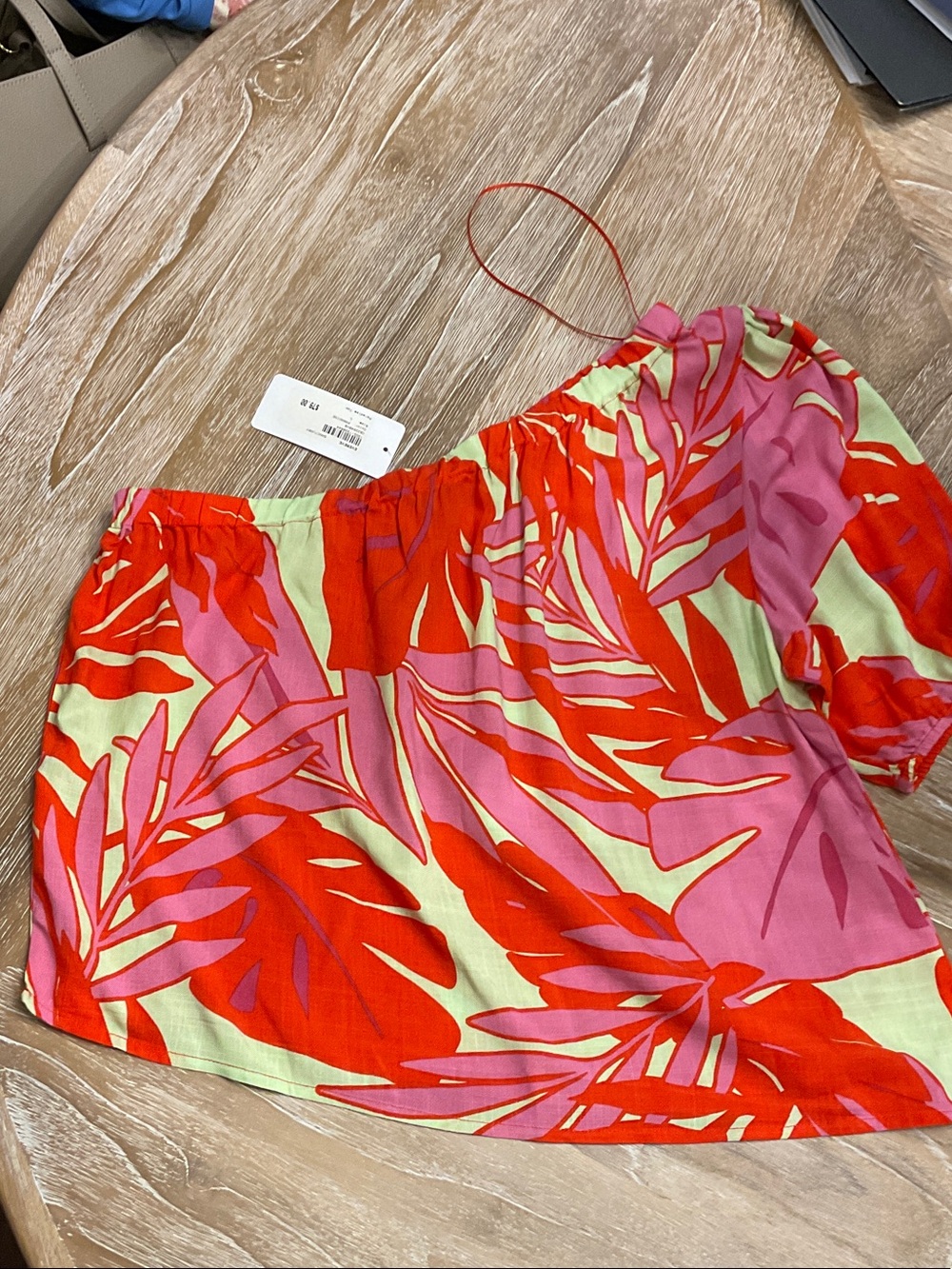 Sanctuary Off-Shoulder Tropical Print Blouse in Red, Pink, Lime